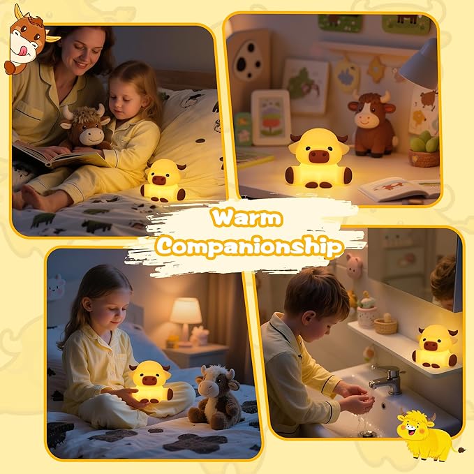 Highland Cow Lamp, Dimmable Silicone Touch Night Light, Soft Glow Bedside Lamp for Bedroom or Desk Decor, Highland Cow Gifts, USB Powered with Gentle Illumination