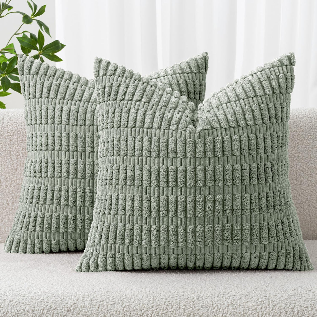 MIULEE Decorative Throw Pillow Covers - Soft Boho Striped Corduroy | Pack of 2, 12x12 Inch, Greyish Green