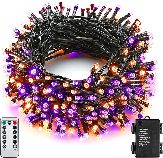 Orange Purple Halloween String Lights Outdoor 100LED Battery Operated Fairy Lights with Waterproof Remote Timer String Lights for Garden Party Holiday Halloween Décor