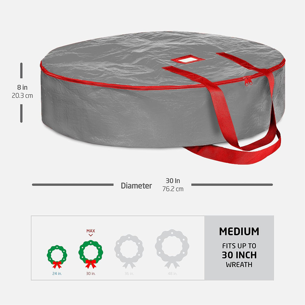 ZOBER Wreath Storage Container - 30 Inch Dual Zippered Bag for Artificial Wreaths - Durable Gray Design