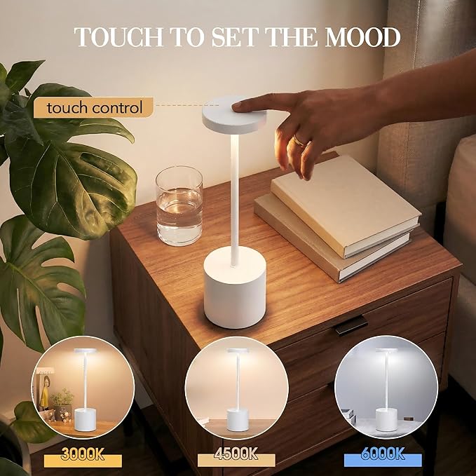 Cordless Table Lamp – 2 Pack Rechargeable Table Lamps, 5000mAh Battery Operated Lamp with 3-Color Dimmable Light, Outdoor Table Lamp for Bedroom, Restaurant, Patio, Home Décor (White)