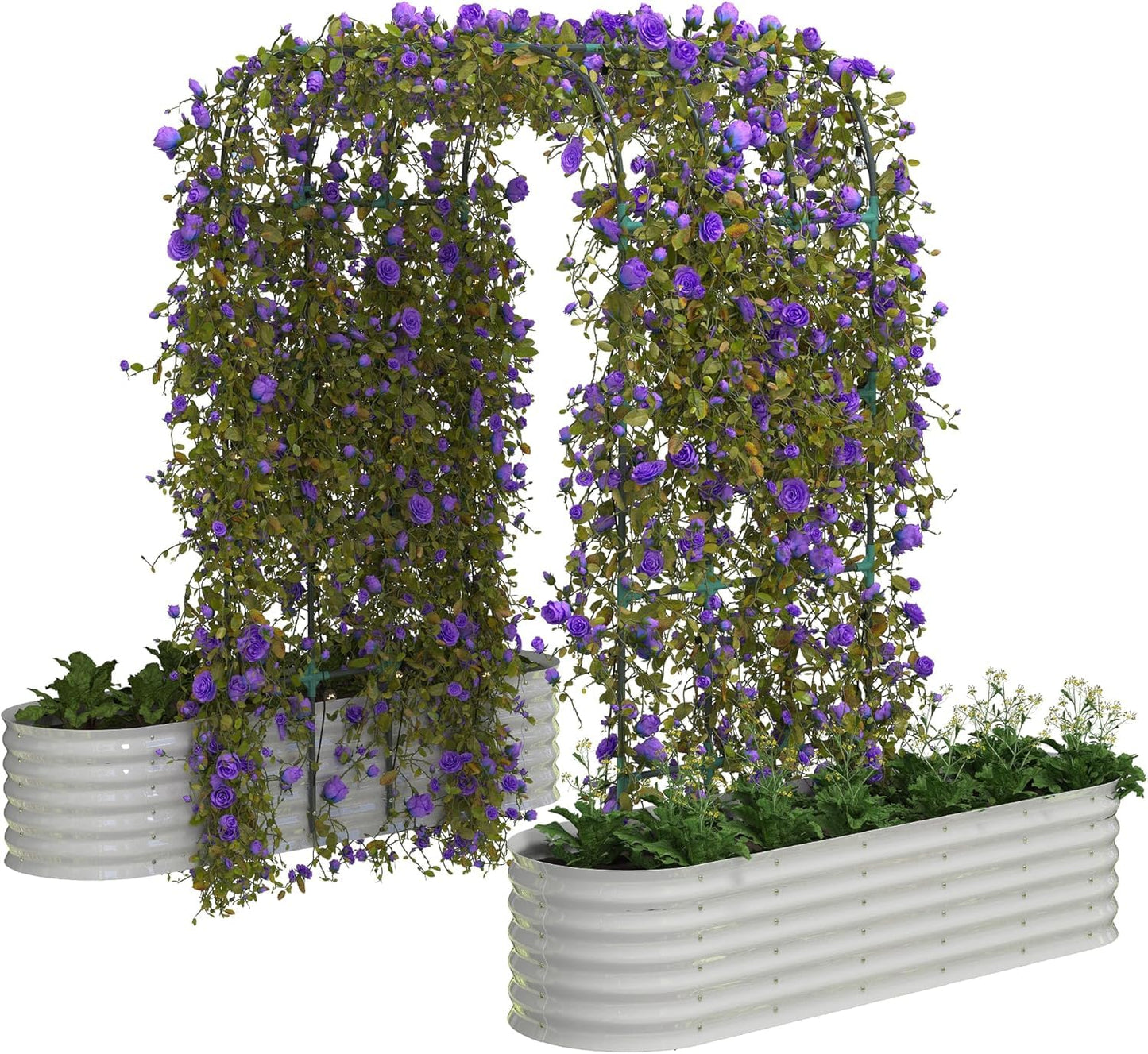 IDEALHOUSE 96" Tall Galvanized Metal Raised Garden Bed with Vertical Arch Trellis, Expandable Outdoor Planter Box for Climbing Vegetables & Flowers, Includes Plant Clips and Drainage Netting, Beige