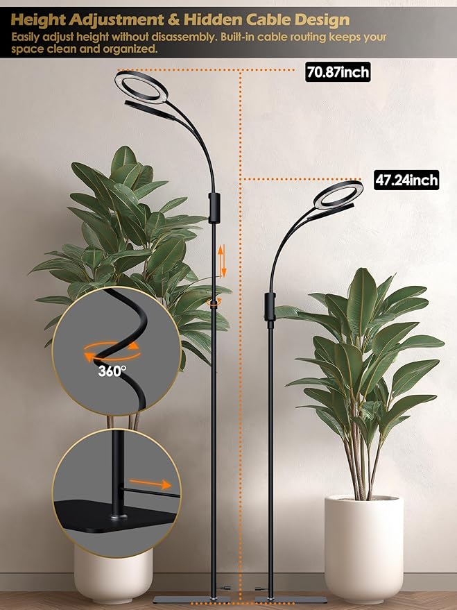 Smart Grow Lights for Indoor Plants, Plant Light with Auto-Timer, Full Spectrum LED Grow Light, Adjustable Height & Stepless Dimming,Plant Assistant Suitable for Most Plants (Black, 48W)