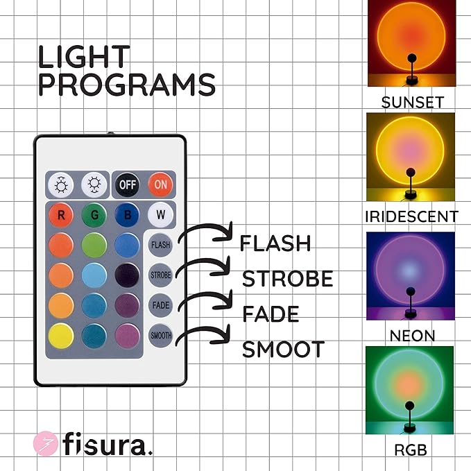 Fisura - Sunset lamp. Sunset lamp with 16 Colors and 4 Light Modes. Romantic Table lamp with 180º Rotation. Ambient Light 25,4 x 68,58