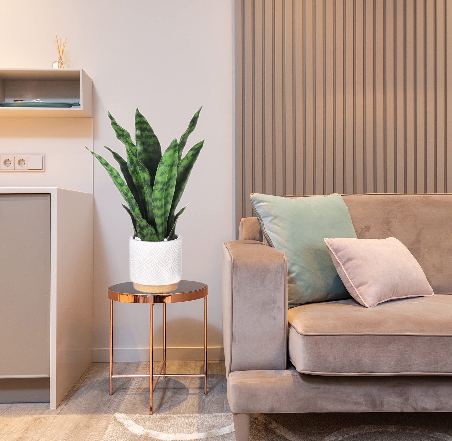 DUZYXI Artificial Snake Plants 16" with White Ceramic Pot Sansevieria Plant Fake Snake Plant Greenery Faux Plant in Pot for Home Office Living Room Housewarming Gifts Indoor Outdoor Decor-Green