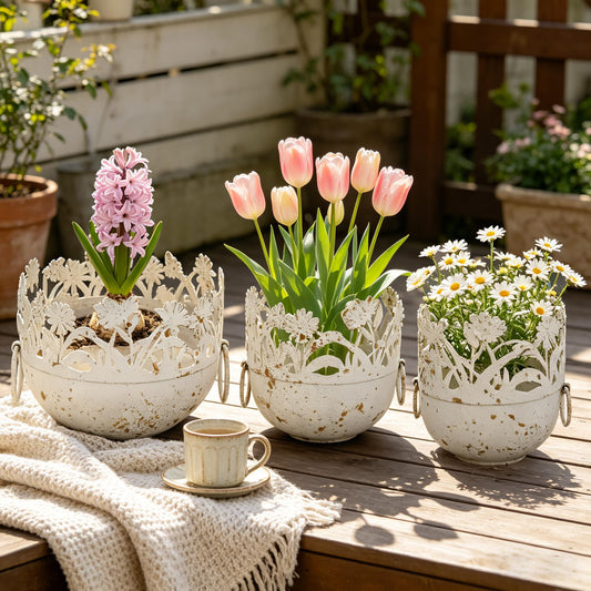 Zorvynelle Vintage Floral Cutout Metal Planter Set of 3, Rustic Distressed Flower Pots with Handles for Indoor & Outdoor Garden Decor