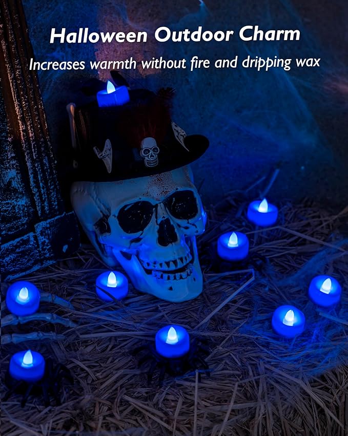 Flameless Candles, 24 Pack Tea Lights Candles Battery Operated, LED Tealight Candle, Realistic Tea Lights for Halloween Christmas Party Decor -D 1.5” x H 1.25” -Blue Candle