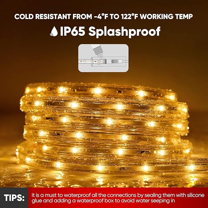 Shine Decor LED Strip Lights 108w Low Consumption, Cold Resistant IP65 Waterproof Outdoor Rope Light 120 VAC, Cuttable Connectable Indoor Lite Lighting Strip 147 FT ETL Listed 7x10mm 2800K Warm White