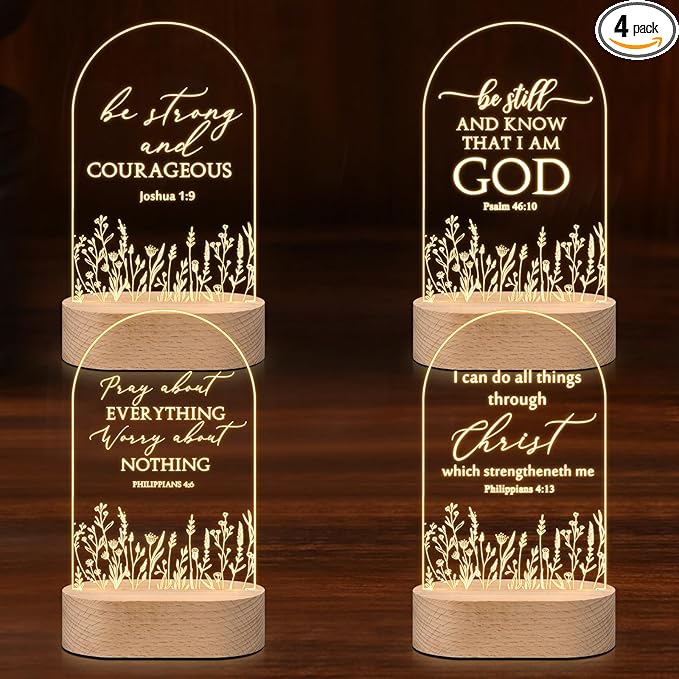 4 Pcs Christian Acrylic Night Light Bulk Mothers Day Religious Faith Church Gifts for Women Ladies Group Bible Verse Scripture LED Lamp with Wood Base for Easter Decor Men Clergy Pastor