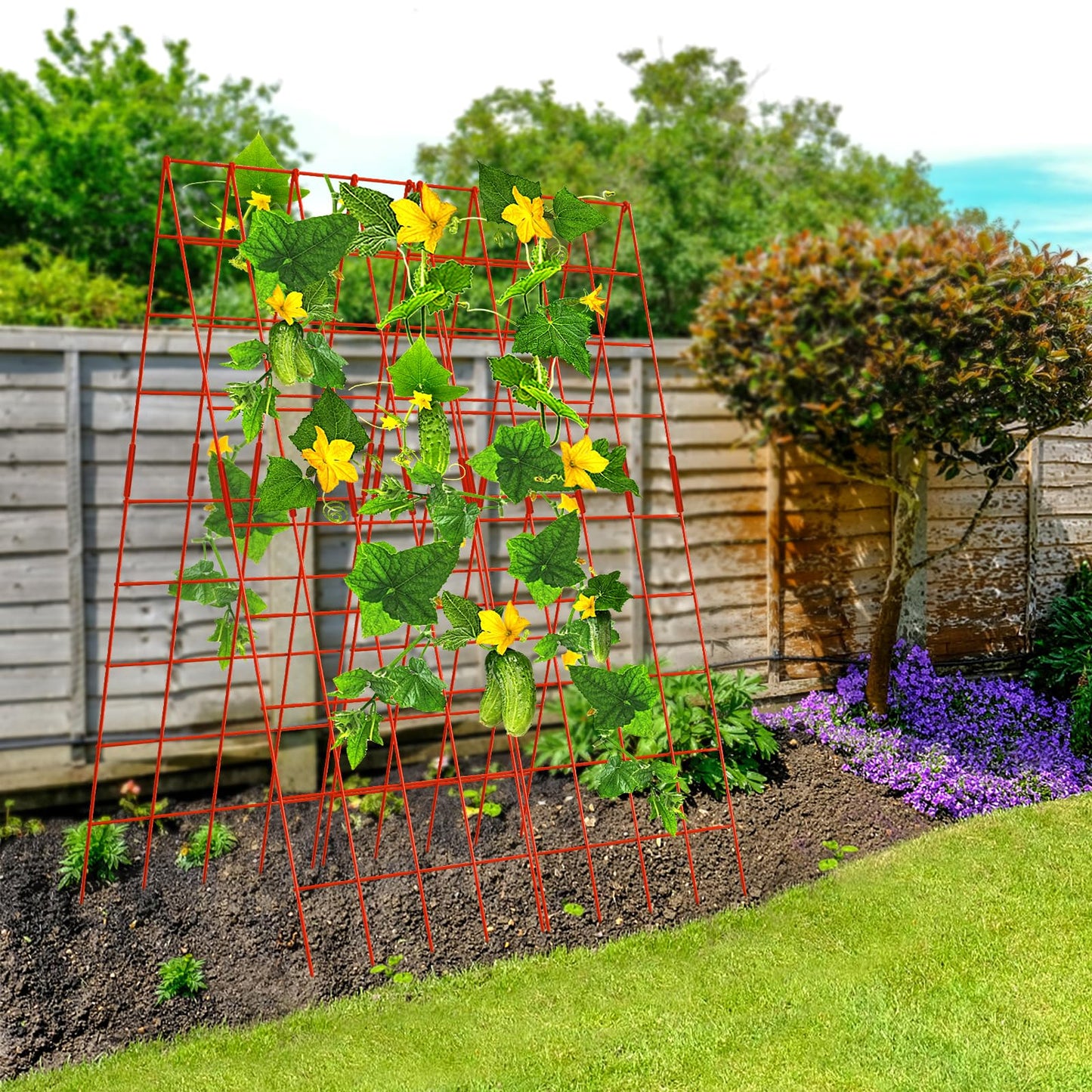 DoCred Cucumber Trellis, 59" High 2 Pack Foldable A Frame Trellis for Raised Bed Climbing Plants, Vegetables, Includes Plant Support Clips, Twist Ties, Plastic Ties- Made from PVC-Coated Steel