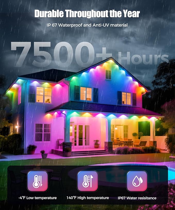 POOFZY Permanent Outdoor Lights for House,49ft RGB+IC Smart Outdoor Decor, 50 Scene Modes,App/Remote Control,IP67 Waterproof,for Christmas,Easter,Daily & Holiday Party Decor,House Roof Lighting