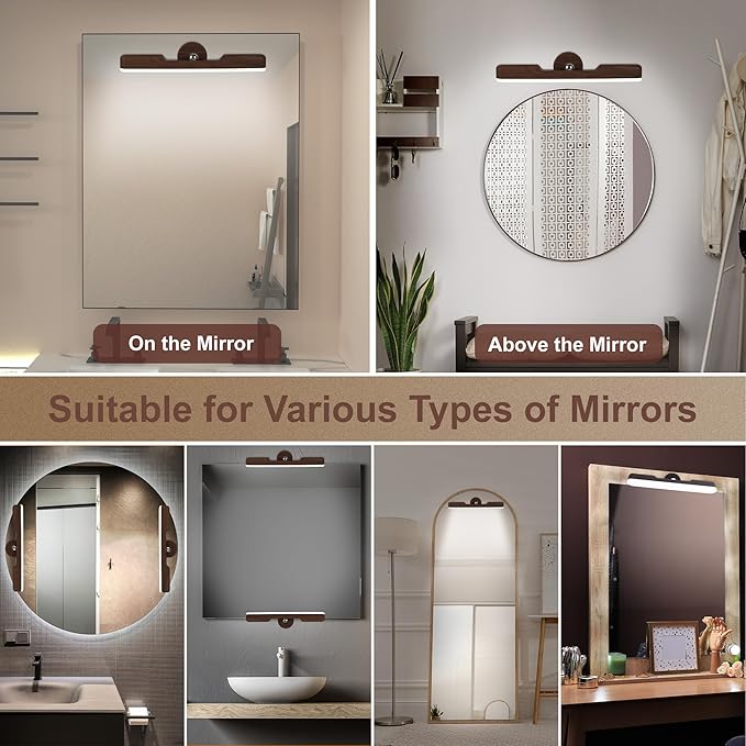 2 Pack Vanity Lights for Mirror with 4000mAh Rechargeable Battery, Touch Control Dimmable Makeup Light with 3 Color Modes, Magnetic 360° Adjustable LED Bathroom Mirror Light, Dark Wood