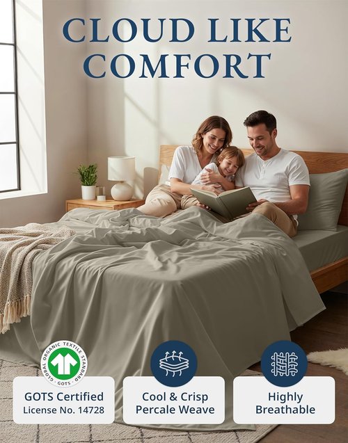 LANE LINEN Organic Cotton Full Size Sheet Set - Eco-Friendly, Soft Percale Bedding, Silver