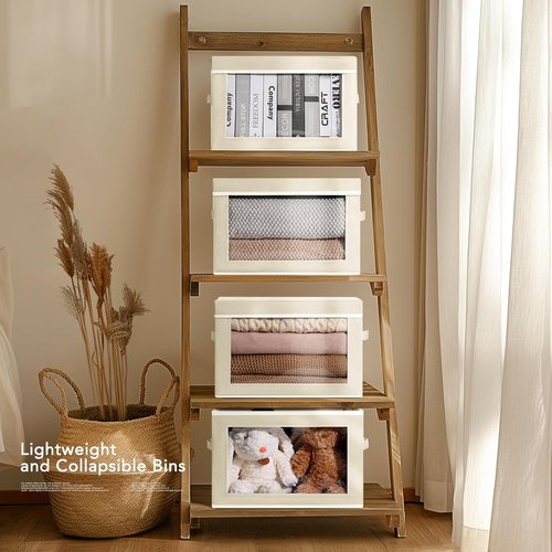 Homsorout Storage Cubes - 5 Pack Foldable Clear Window Bins with Lids | Large Beige Decorative Containers for Clothes & Blankets