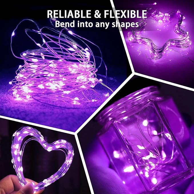 100 Pack Purple Fairy Lights 7Ft 20 LED Twinkle String Lights 3 Modes Battery Operated Waterproof Firefly Starry for Mason Jar Wedding Halloween Christmas Valentines Day Party Table Centerpieces