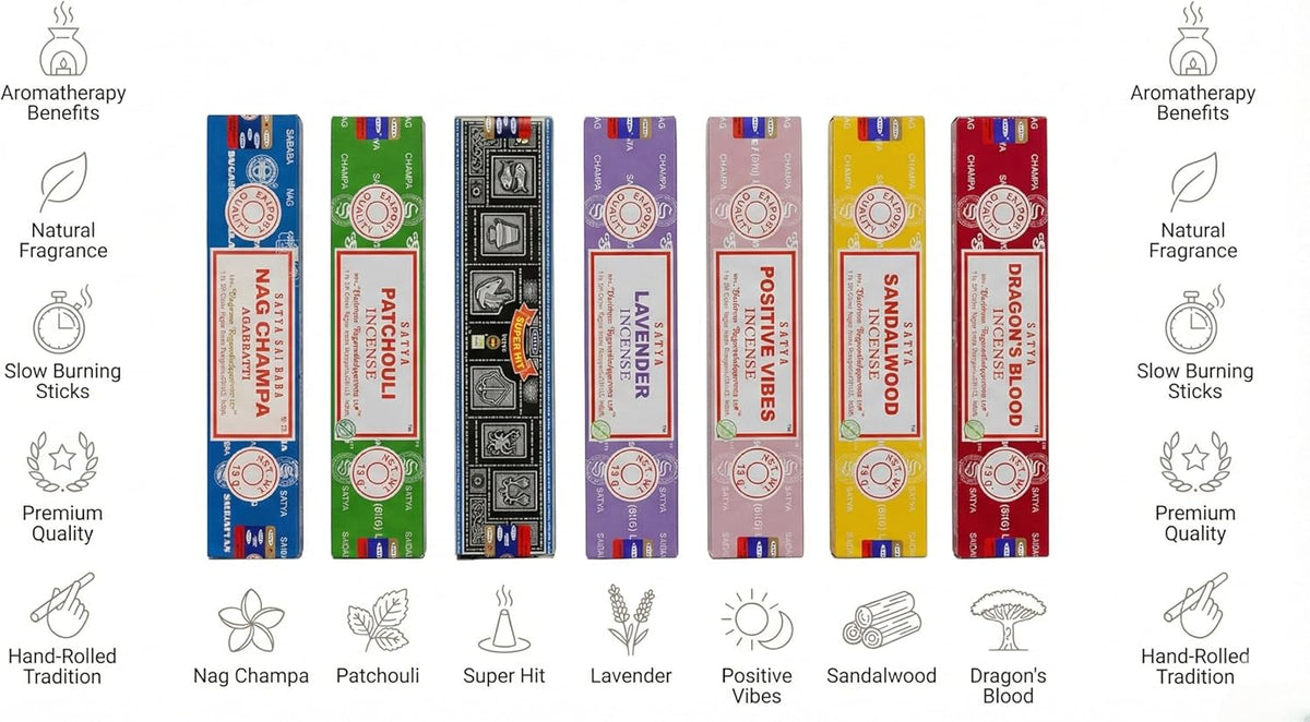 Satya Incense Gift Set - Nag Champa, Dragon's Blood, Sandalwood & More | 15g Variety for Positive Vibes