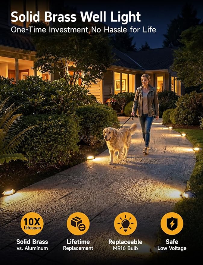 Gardenreet Outdoor Low Voltage Well Lights - Brass Low Voltage 12V Replaceable Bulb In-Ground Lighting, LED Turret Top Fixture, Antique Bronze for Patio Backyard House with 2700K Warm White MR16 Bulb