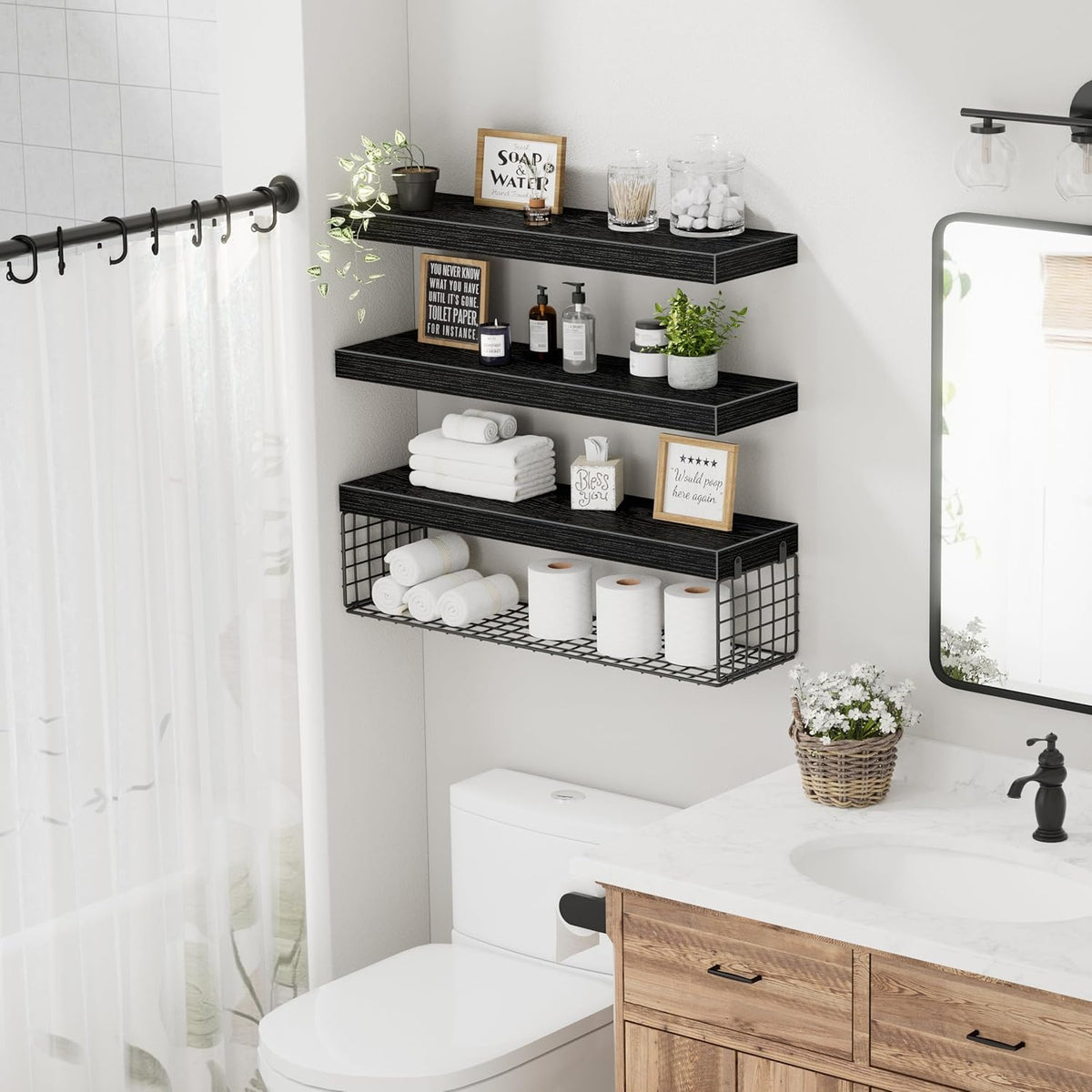 QEEIG Floating Bathroom Shelves - 24-Inch Wall Storage Solution for Toilet Paper | Set of 3, Black