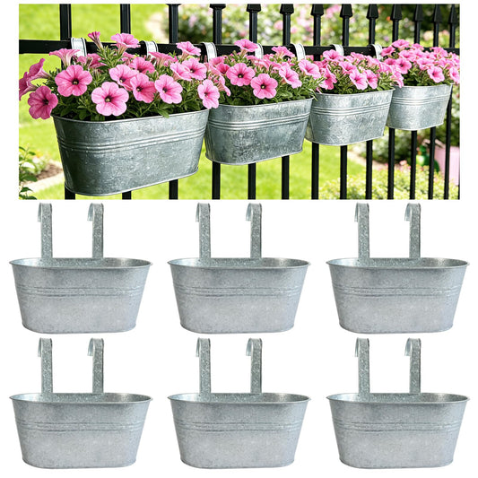 Joyfernal Balcony Galvanized Hanging Planters Railing Flower Pots, Outdoor Metal Fence Planter Pot with Detachable Hooks Drain Hole for Garden Patio Yard Decor (12 Inch, 6Pcs)