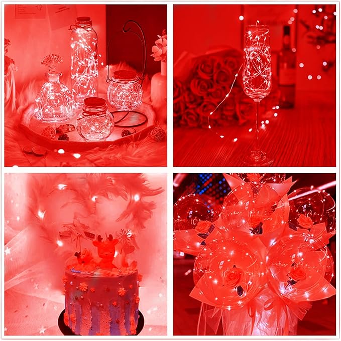 Red Fairy Lights Battery Operated 3 Speed Modes 7Ft 20 LED Mini Christmas Tree String Waterproof Twinkle Firefly for Bedroom Thanksgiving Valentine's Decor