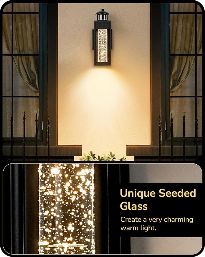 EDISHINE Motion Sensor Porch Lights Outdoor, Dusk to Dawn Exterior Lighting Fixtures with Crystal Bubble Glass, LED Outside Wall Sconce Lantern for Garage 1100 Lumen