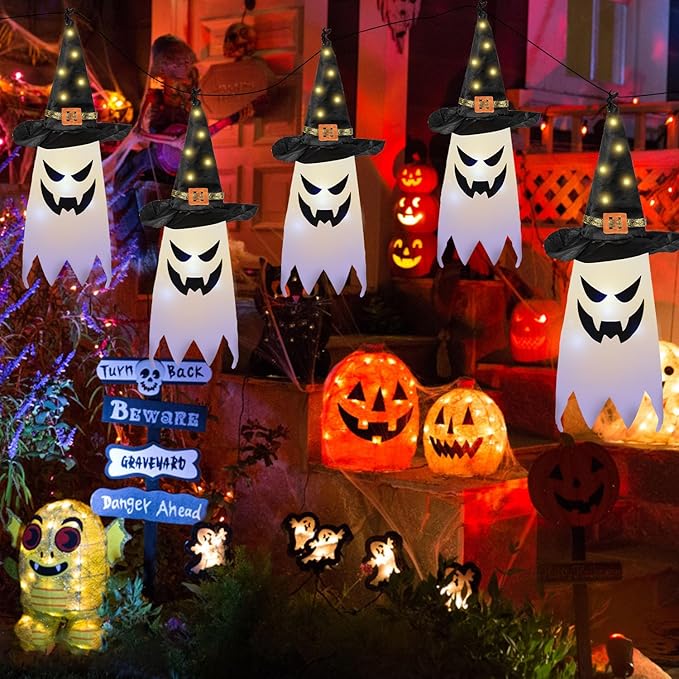 Halloween Decorations Outdoor, 5 PCS Hanging Lighted Glowing Ghost Witch Hat Outdoor Ornaments, Halloween Decor for Party Home Tree Garden Yard Party Favors