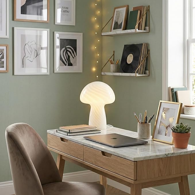 Brightech Mushroom Table Lamp 12.75" - Elegant Modern Glass Lamp for Bedside Tables, Nightstands, Desks, Bookshelves - Cozy Ambient Night Light with Warm White Lamp Living Rooms, Bedrooms - White