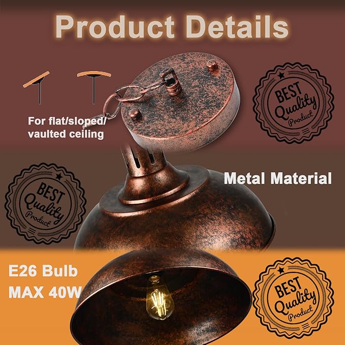 TAKEGO 16.14" Large Pendant Light, Dome Copper Pendant Light, Farmhouse Pendant Lights Kitchen Island, Vintage Pendant Lights Rustic Light Fixtures, Hanging Ceiling Lamp for Kitchen Island (Large)