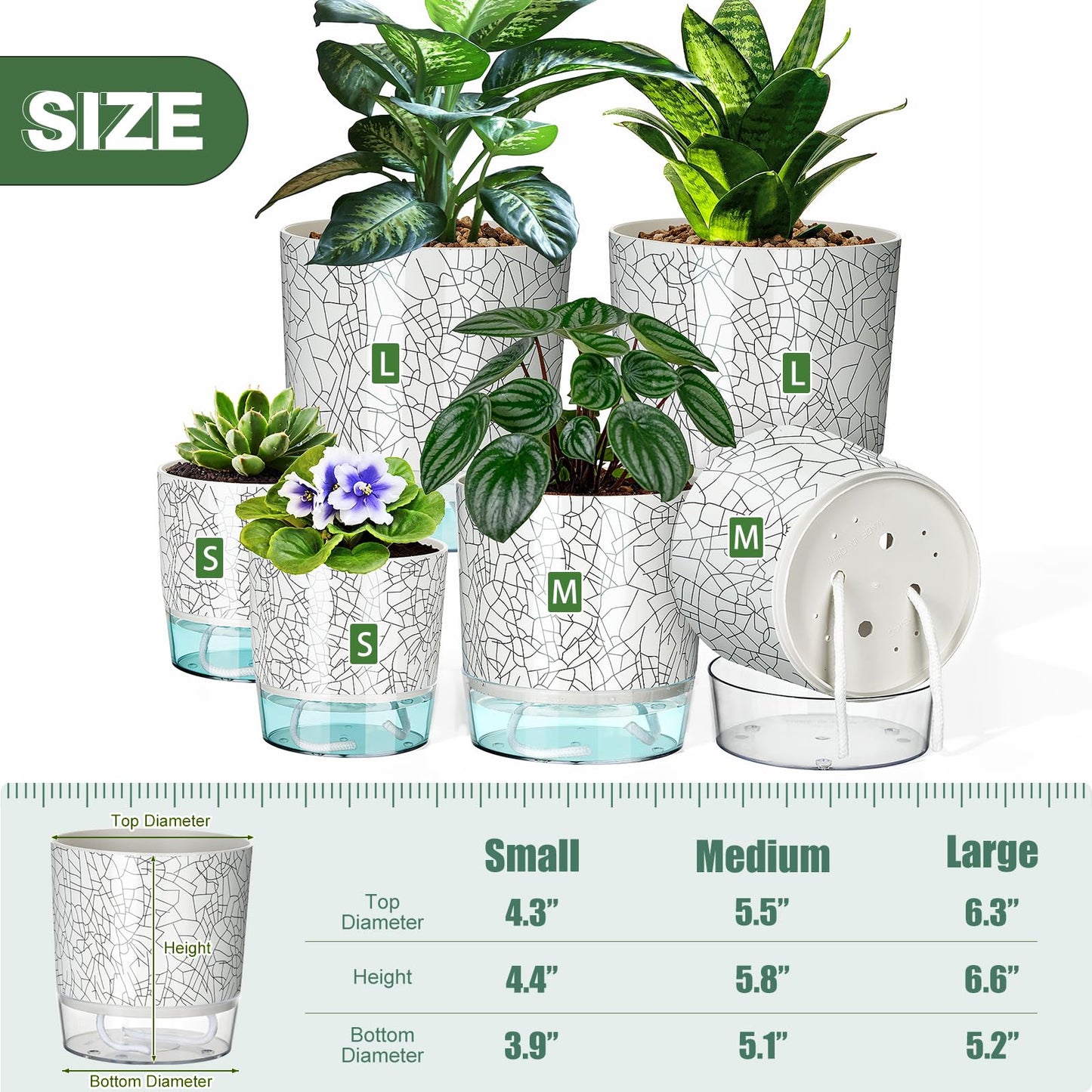 Samhe 6 Pack Self Watering Pots for Indoor Plants, 4+5.5+6.3 Inch Self Watering Plant Pots Set, Flower Pots with Wick Rope and Reservoir for African Violet, Spider Plant, Orchid - Crack Texture