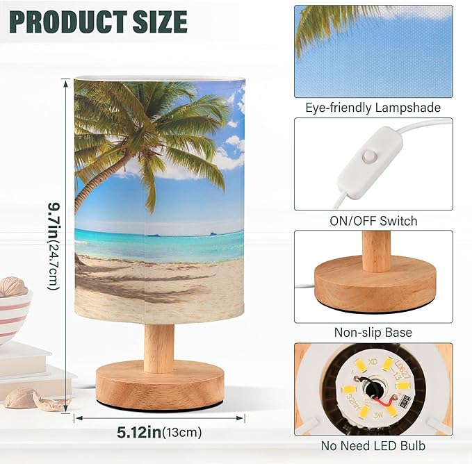 Table Lamp Summer Palm Tree Sunny Ocean Tropical Beach White Sand Nightstand Lamp with Wood Base Fabric Lamp Shade Bedside Desk Lamp for Living Room Bedroom Kids Room Office