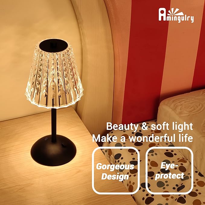 Cordless Table Lamp, 4000mAh Rechargeable Battery Operated Lamp, 3 Color Modes & Stepless Dimmable LED Touch Lamp, Portable Crystal Metal Beside Lamps for Bedroom Restaurant(Black 2 Pack)