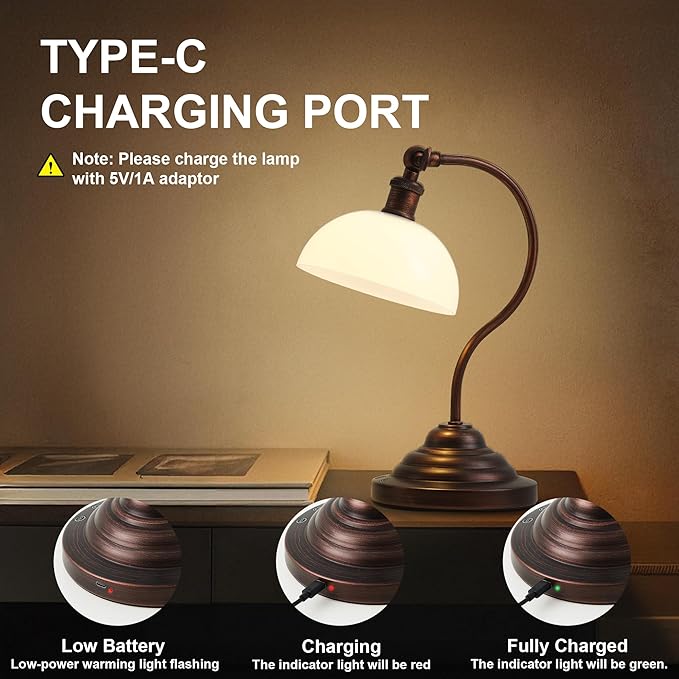 Cordless LED Table Lamp, Battery Operated Desk Lamps with Swing Arm & Plastic Shade, Vintage Small Rechargeable Dimmable Light for Bedroom, Living Room, Nightstand, Oil Rubbed Bronze