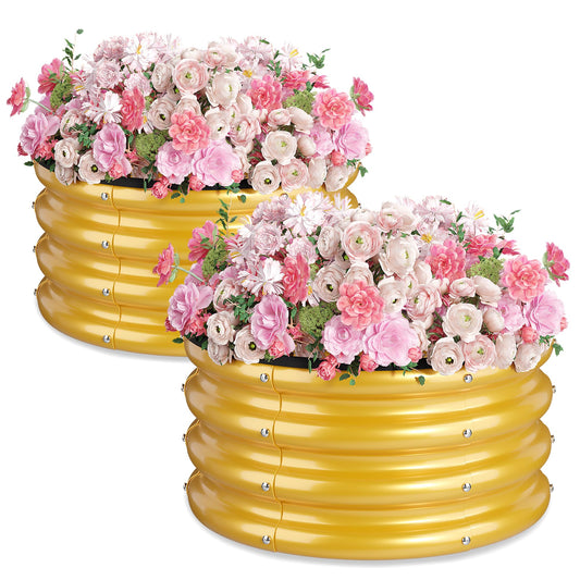 SOCONT 2 x 2 x 1 ft Round Raised Garden Bed, Yellow 2 Pack 0.6 mm Thick Galvanized Steel Planter Box with Double Layer Paint and Safety Edge Trim for Vegetables Flowers Herbs Outdoor Garden