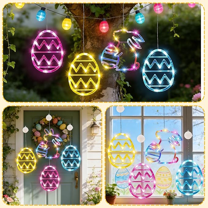 3 Pack Easter Lights for Window,Easter Window Hanging Lights Decorations LED Egg Shaped Battery Operated with Suction Cup for Home Bedroom Decor