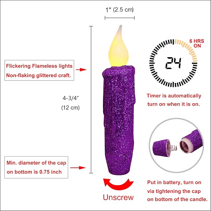 CVHOMEDECO. Glitter Flameless Candles Flickering Battery Operated LED Taper Candles with Timer for Home, Wedding, Halloween, Christmas Decor. Purple, 4-3/4 Inch, Set of 3