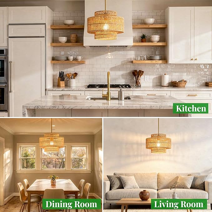1 Light Pendant Lighting, Farmhouse Hanging Light Fixture for Kitchen Island & Dining Room, Industrial Vintage Ceiling Lamp with E26 Base, Adjustable Height, 12.4” Boho Rattan Chandelier