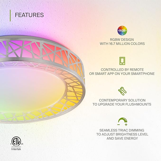 ASD 12 Inch Smart RGBW Flush Mount Ceiling Light with Remote - Brushed Nickel 20W 120V 2700-6500K Dimmable Ceiling Light Fixture, WiFi App Control RGB Lights, Alexa & Google Assistant - ETL, 4 Pack