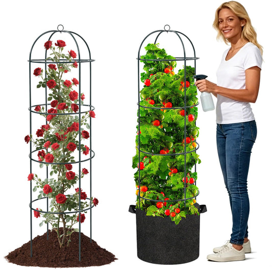 Large Trellis, Garden Obelisk Trellis for Climbing Plants Outdoor, 55" Metal Trellises for Tomato Cucumber Clematis Rose Vine Support, Heavy Duty Round Cage Stand for Grow Bag Raised Bed Yard, 2 Pack