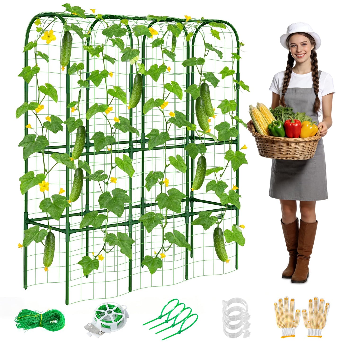 62in Tall Cucumber Trellis for Raised Bed, 51" L x 62" H Metal Garden Trellis for Climbing Plants Outdoor, U-Shape Vegetables Trellis Support for Squash Zucchini Peas Grape