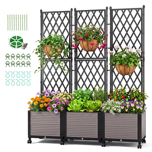 DoCred 63" H Raised Garden Bed Planter Box with Trellis, Floorstanding Vertical Horticulture Planter Box Tomato Cage with Wheels for Vine Climbing Plants, Flowers, Herbs