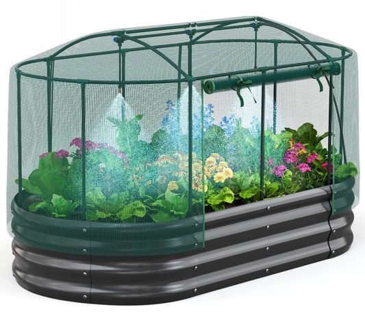 Quictent Galvanized Raised Garden Bed Kit with Self Watering System and Mesh Cover, Large Oval Metal Outdoor Planter Garden Boxes for Vegetables Herbs Flowers, 6x3x1Ft