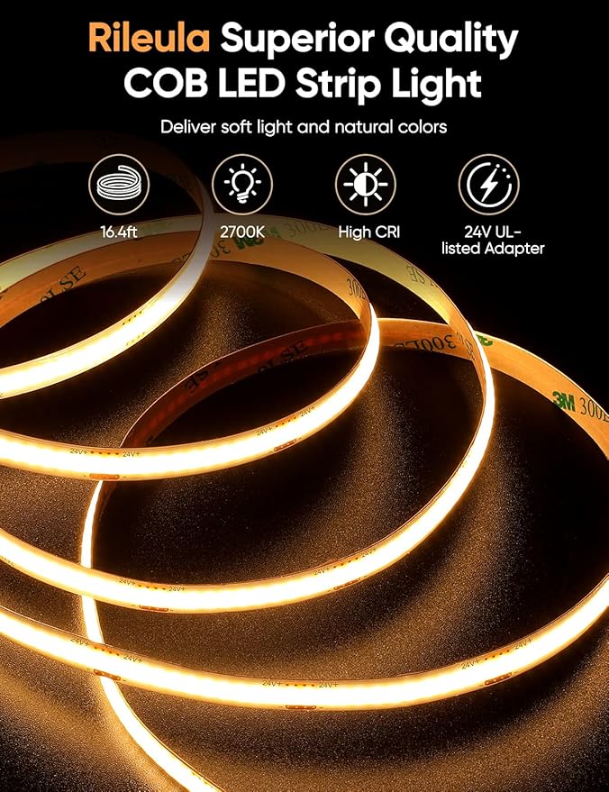 COB LED Strip Lights 2700K Warm White Music Sync LED Lights with DC24V Adapter Remote Smart App Control 16.4ft/5m CRI90+ Ultra Bright LED Rope Lights for Home Bedroom Cabinet DIY Lighting