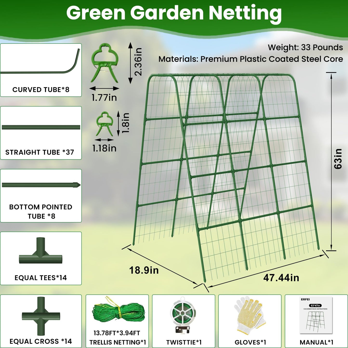Garden Trellis for Cucumbers, 63” Tall Plant Trellis with 16mm Heavy Duty Frame, U-Shaped Arch with Netting, Includes 20 Clips, Metal Climbing Support for Raised Beds & Vegetables