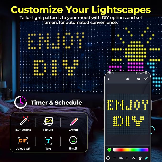 Brewish 400 LED Smart Curtain Fairy Lights,10.8 x 10.8 Feet Programmable DIY Christmas String Light,Color Changing Music Sync Text, Cartoon Display,Remote & App Controlled, IP65 Waterproof