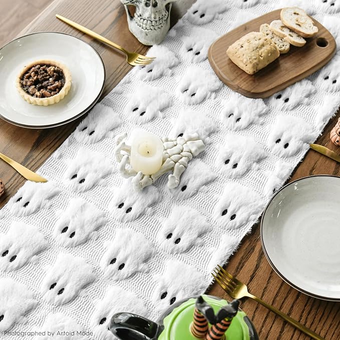 Artoid Mode Ghost Soft Plush Faux Fur Jacquard Halloween Table Runner, Holiday Kitchen Dining Table Decoration for Home Party Decor 13x60 Inch