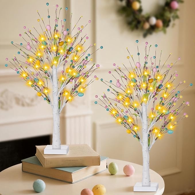 Easter Decorations 2 Pcs 25inch Lighted Easter Tree with Timer&Battery Operated,Pre-Lit Easter Egg Tree Tabletop Decor with LED Lights,Eggs,Artificial Birch Trees for Home Party Mantel Indoor Spring