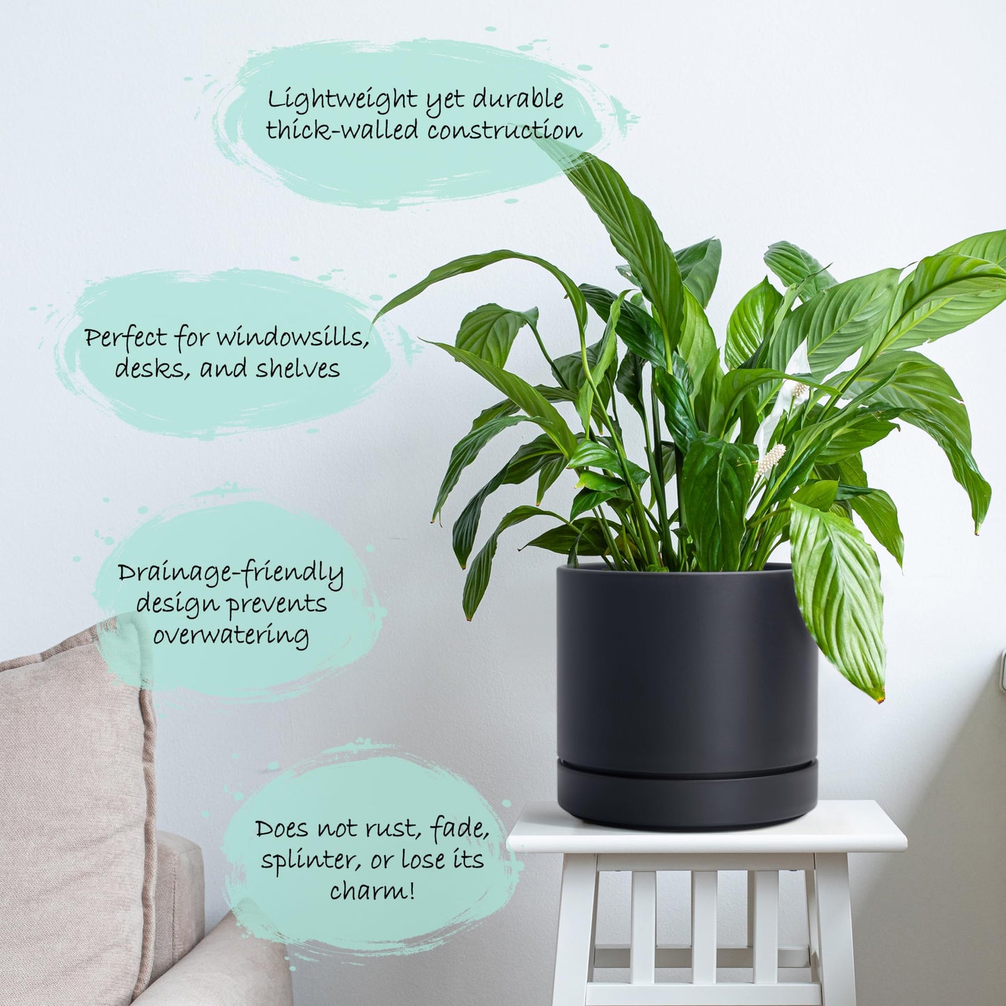 Phoenix Vine 4 Inch and 6 Inch Planter Pot with Drainage Hole & Deep Water Catch Tray Saucer, Straight Cylindrical Round Pot for Plants, Matte Black, 23-A-2-Z