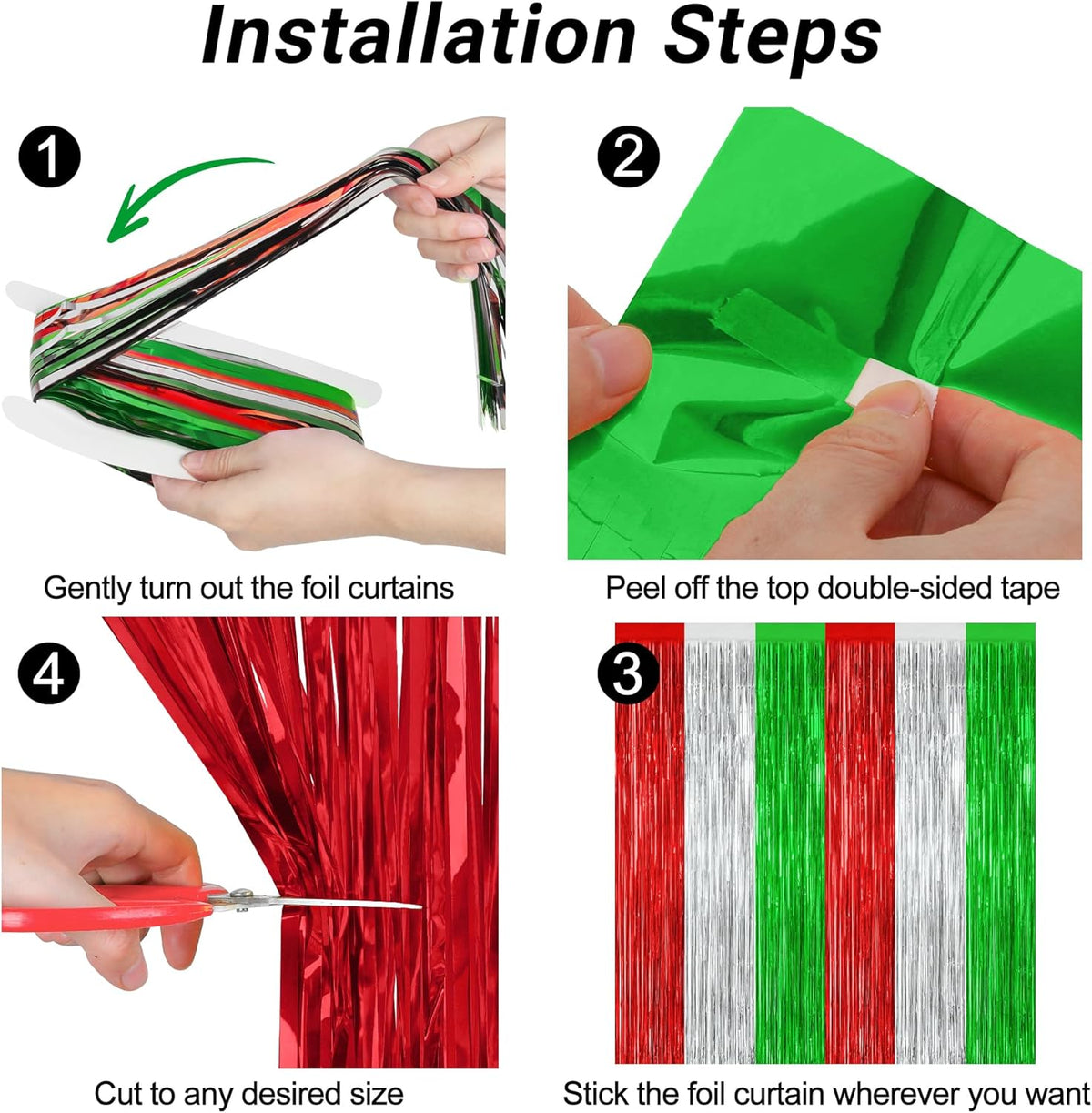 Regine Switzerland Christmas Backdrop - 2 Pack Metallic Red Silver Green Streamers | 3.28 FT x 7.05 FT Foil Tinsel Decor