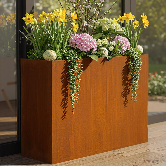 WIZWERK Modern Metal Planter Box 36" L x 9" W x 26" H – Rectangular Cor-Ten Steel Raised Garden Bed with Drainage Holes & Removable Shelf – Outdoor & Indoor Flower Planter for Patio, Yard & Porch