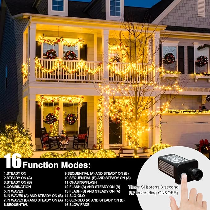 LAMPHOME 99ft Christmas Decorative Mini Lights, 300 LED Transparent Wire Fairy Starry String Light Plug in, 16Lighting Modes for Indoor Outdoor Xmas Tree Wedding Party Decoration (Yellow)